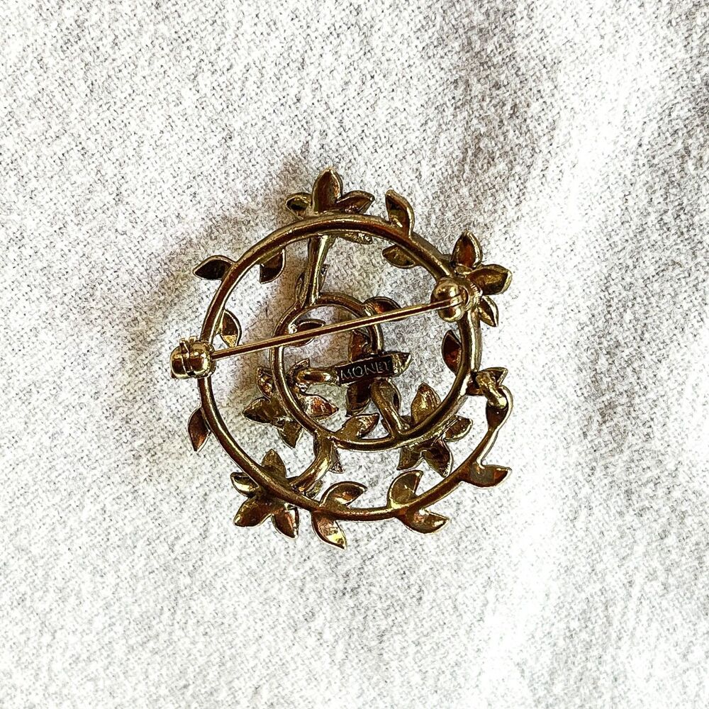 Vintage 1960s Monet Floral Wreath Brooch Gold Tone Purple Green Rhinestone Pin - Picture 2 of 7